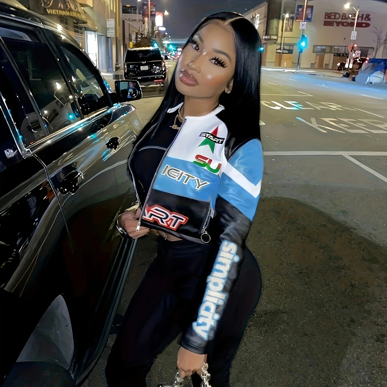 J&H Fashion Motorcycle Jacket Autumn Cool Coat Color Collision Patchwork Women Streetwear Cropped Motor Jackets