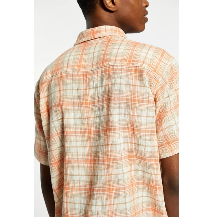 Oem Wholesale Turn-down Collar 100% Cotton Summer Orange Checked Short Sleeves Shirts For Men