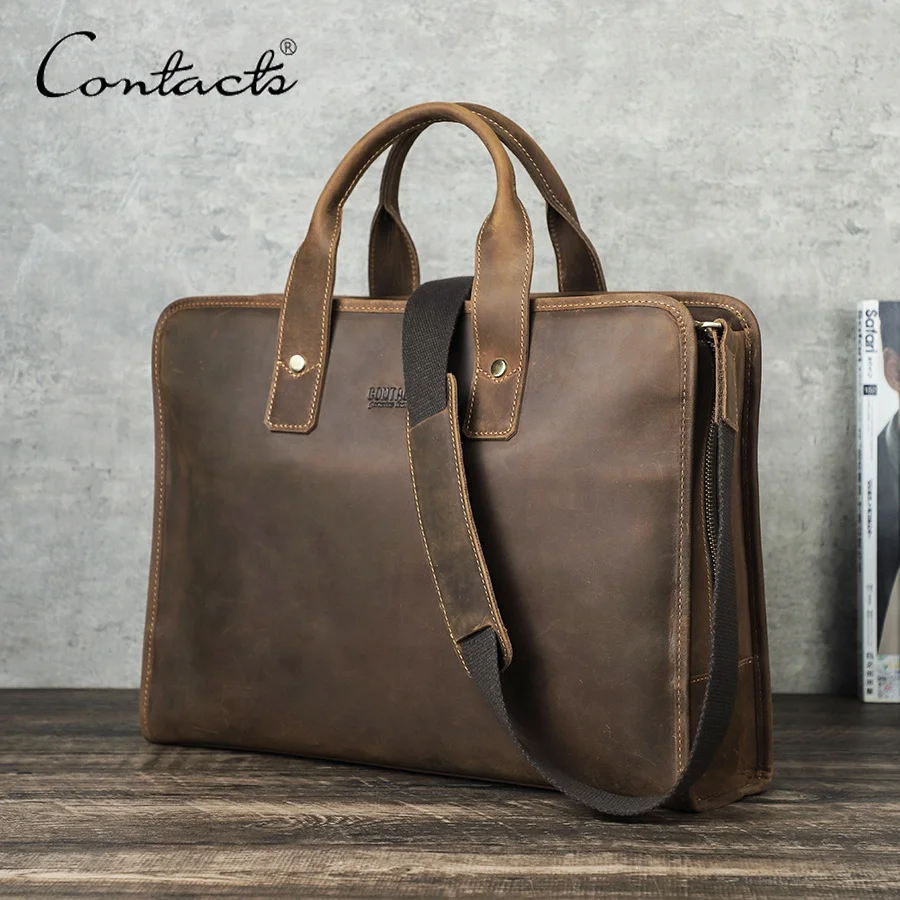 14.2 Inch Rustic Shoulder Leather Slim Briefcase Messenger Laptop Bag for Men Office Satchel Combination Lock Bag