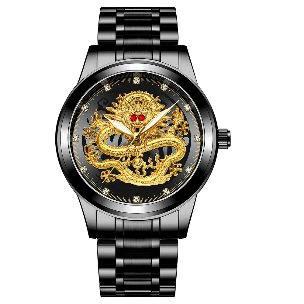 FNGEEN Luxury Sports Quartz Watches Men Women Full Gold Big Dial Dragon Phoenix Waterproof Luminous Calendar Stainless Steel