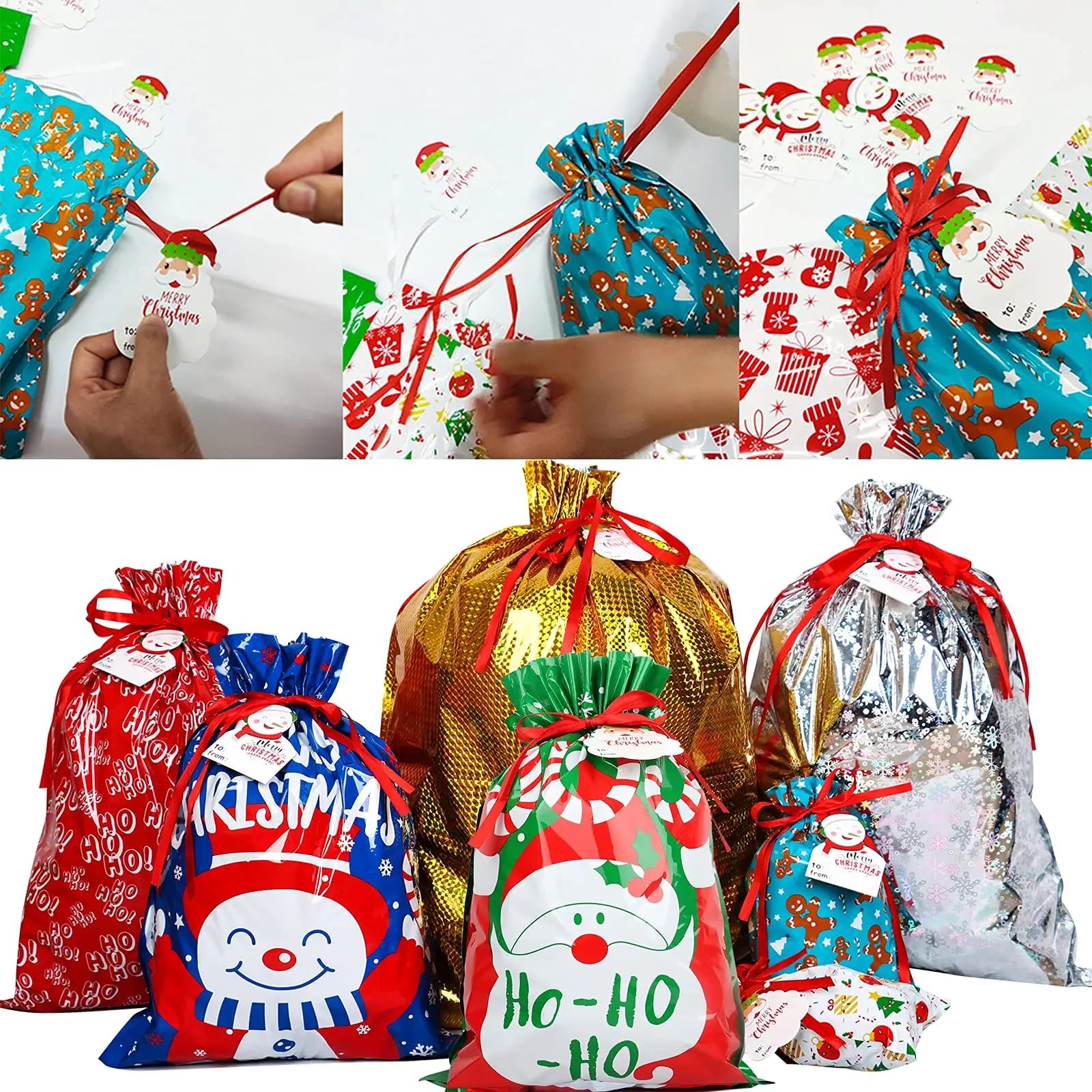 Xmas Presents Party Favor Foil Holiday Drawstring Wrapping Sacks Pouches Christmas Gift Bag