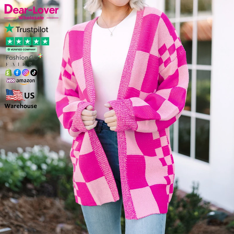Dear-Lover Wholesale Fast Shipping Fashion New Winter Checkered Printed Ribbed Trim Open Front Knit Sweater Cardigan
