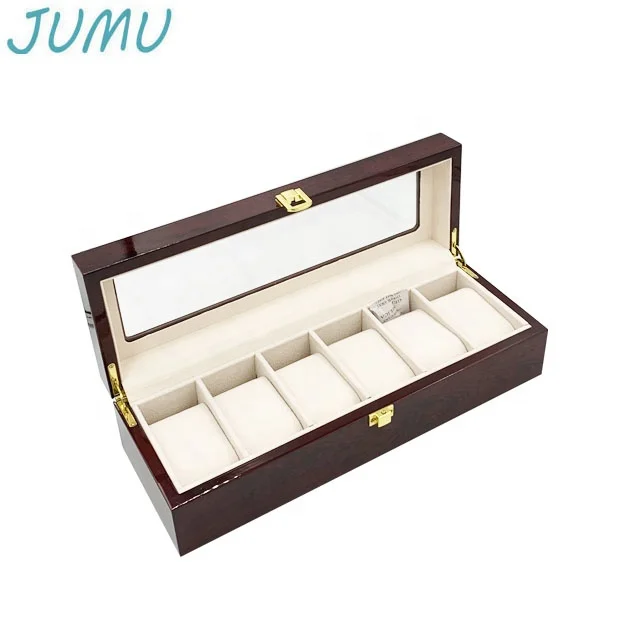 stock factory wholesale 6 slots wooden watch gift box with glass lid