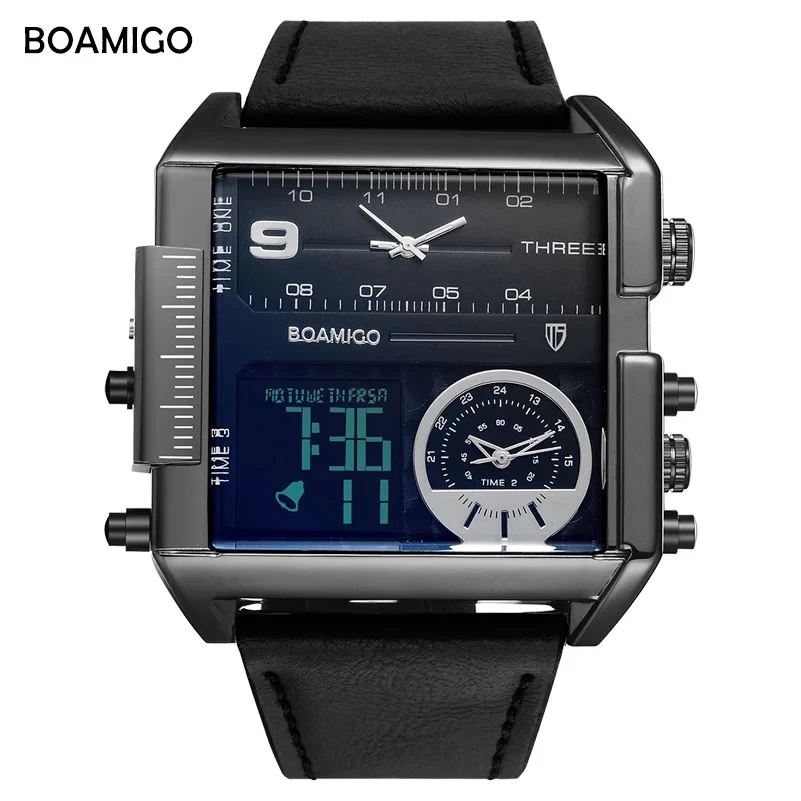 Мужские Цифровые часы BOAMIGO F920 в новом стиле идеальный ремешок из искусственной кожи водонепроницаемые гигантские спортивные с 3 часовыми поясами