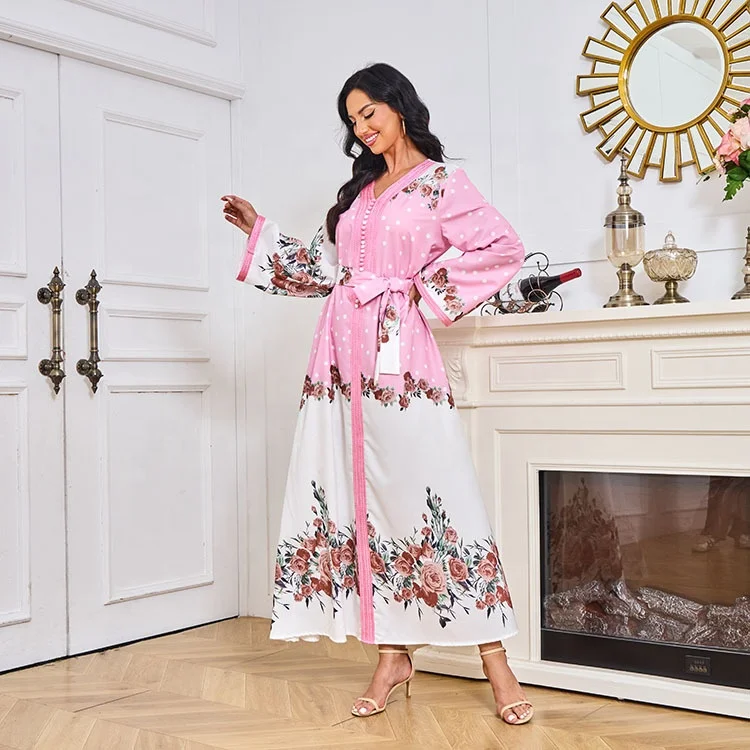 2023 New Satin Print Muslim Kaftan Women Lace Abaya For Prom Arab Fashion Party Dress  Elegant Islam Turkey Muslim Robe