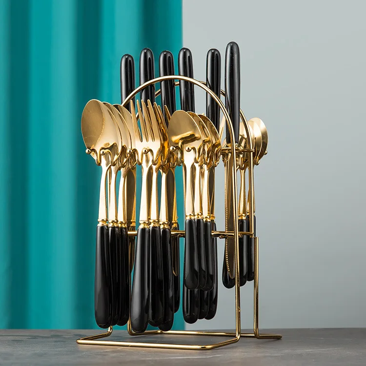 High quality 24 pcs gift gold flatware set ceramic handle stainless steel cutlery with holder