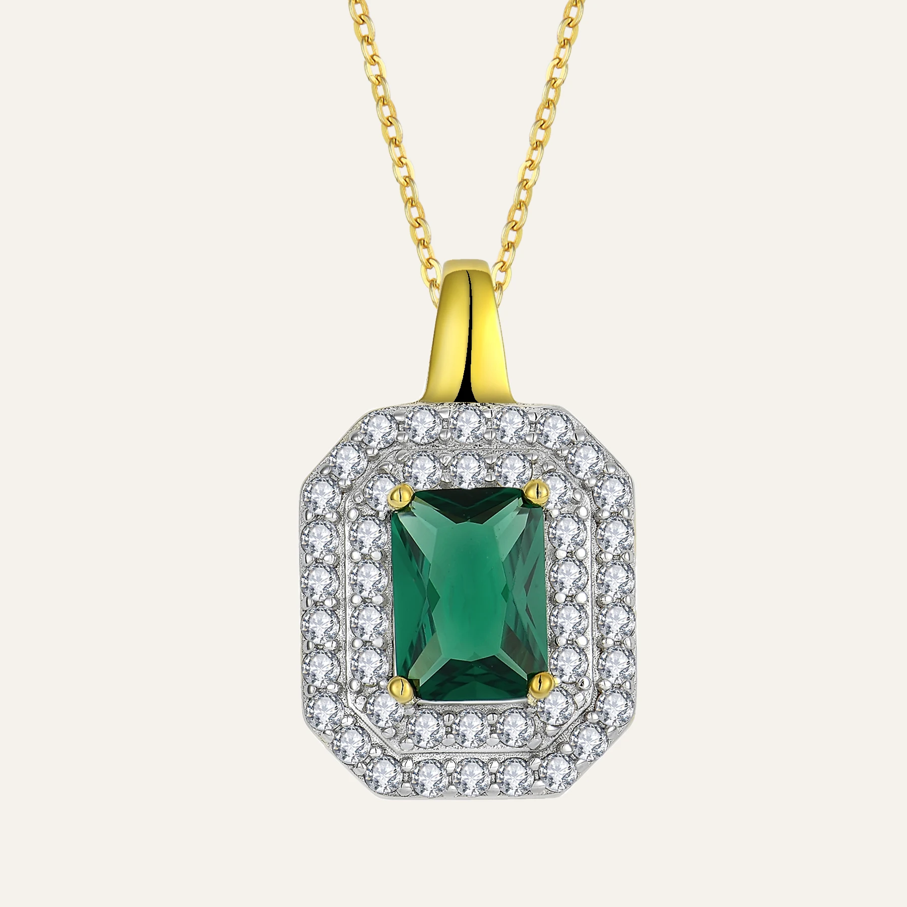 Wholesale Price New Rectangular 18K Gold-Plated Pendant Fashion Green Zircon Silver Necklace For Women Daily Wear
