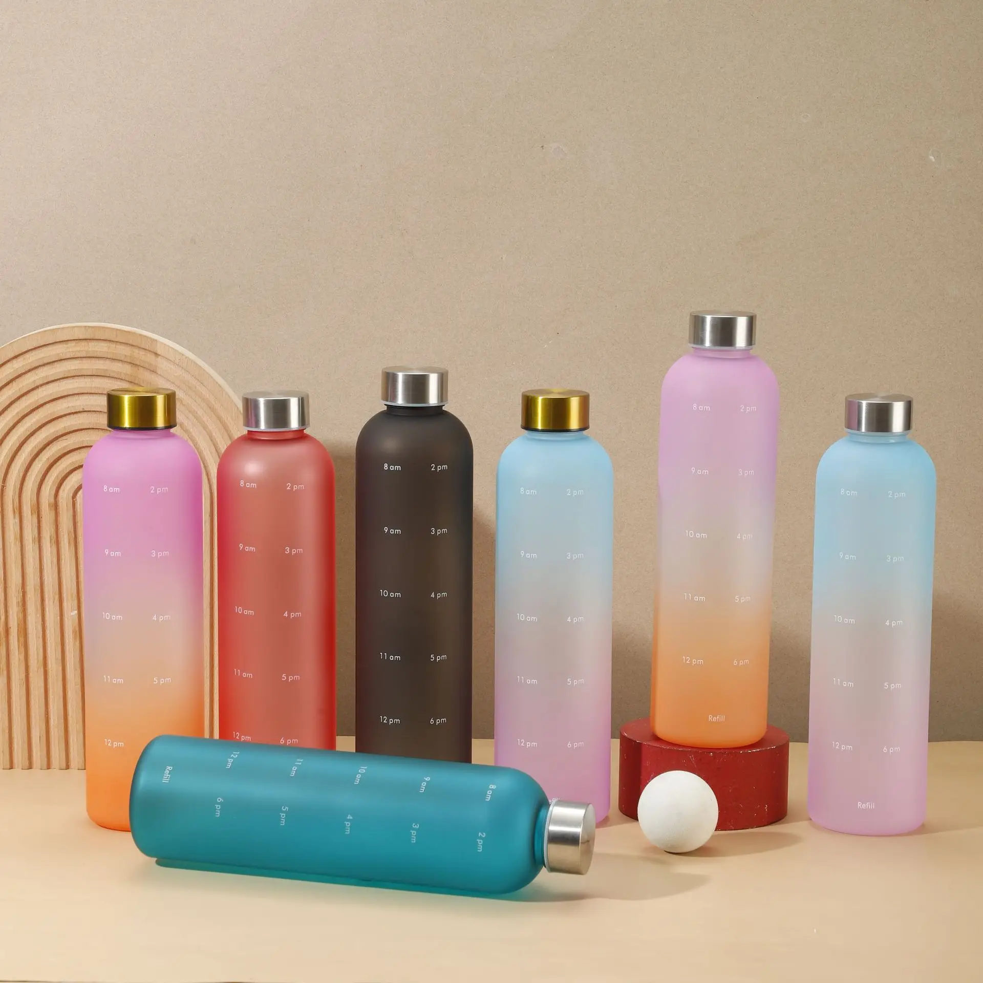 Wholesale BPA Free Matte Colors1000ml Plastic Reusable Bicycle Water Bottle Outdoor Sport Small Mouth Time Marker Drink Bottle