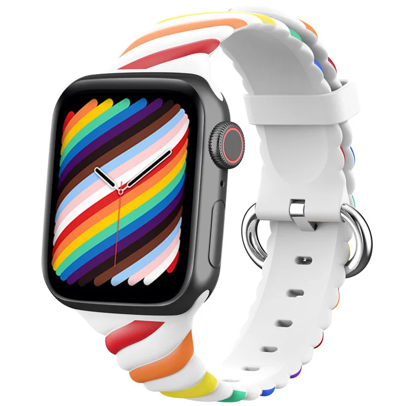 Newest Design Two-color winding Silicone Rainbow Twist Narrowing Watch Strap with Glass Cover for Apple Watch series 1 2 3 4 5 6