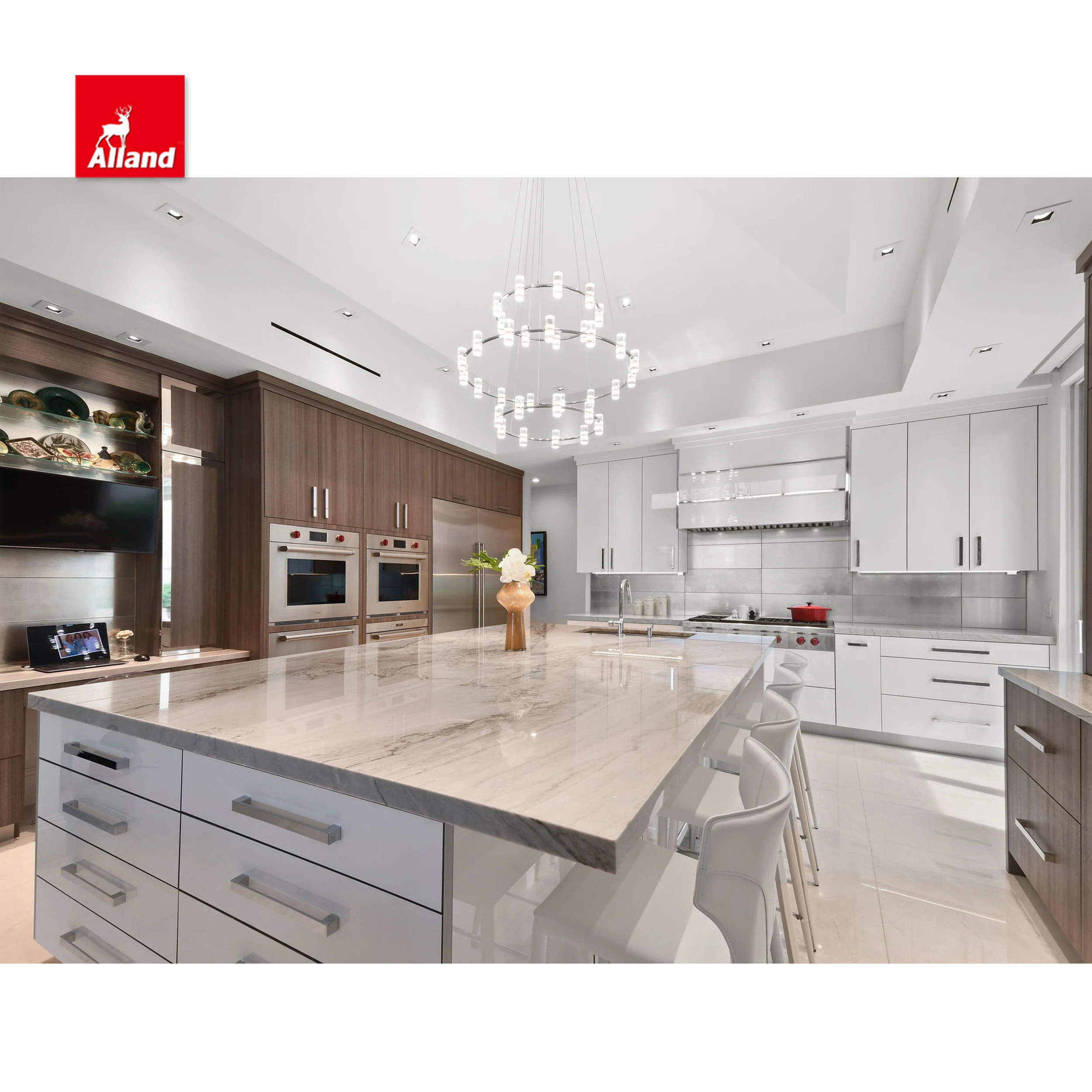 Минималистский элегантный вместительный мраморный Кухонный шкаф с высоким глянцевым меламиновым комбо из нержавеющей стали для хранения стеклянных дверей