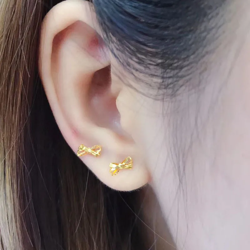 Gold Jewelry Real 18K Gold Bow Stud Earrings Au750 Earrings Tassel Earrings