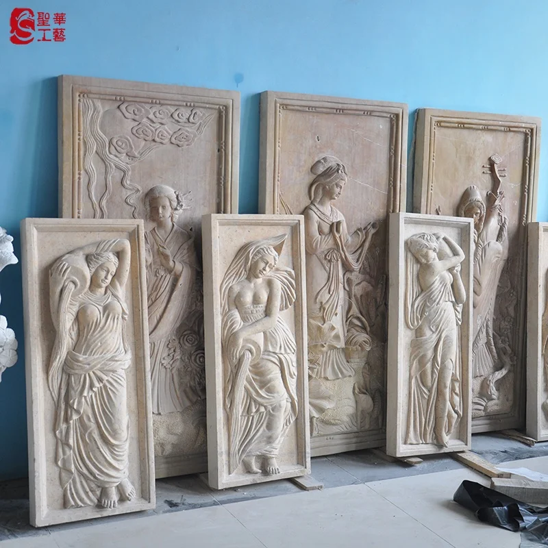 100% Natural Material Yellow Marble Polished Antique Human Statue Wall Naked Women Wall Relief Sculpture