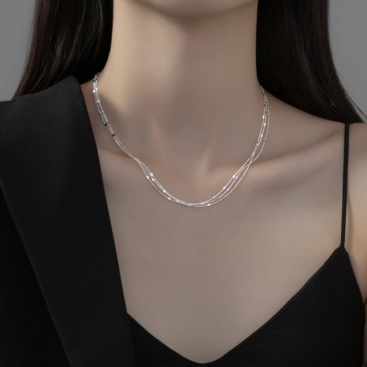 S925 Sterling Silver Multi-layered Clavicle Chain Necklace Fashion Figaro Chain Choker Necklace Jewelry