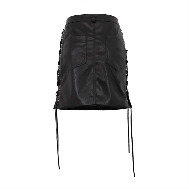 Fashion Streetwear Sexy Club Split Slit Lace Up PU Leather High Waist Black Mini Short Bandage Skirts For Women