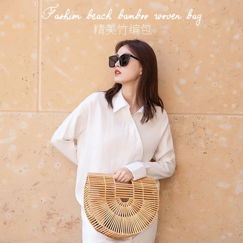 Bicolor Bamboo Bag Hand Disposable Handbag Fashion Half Moon