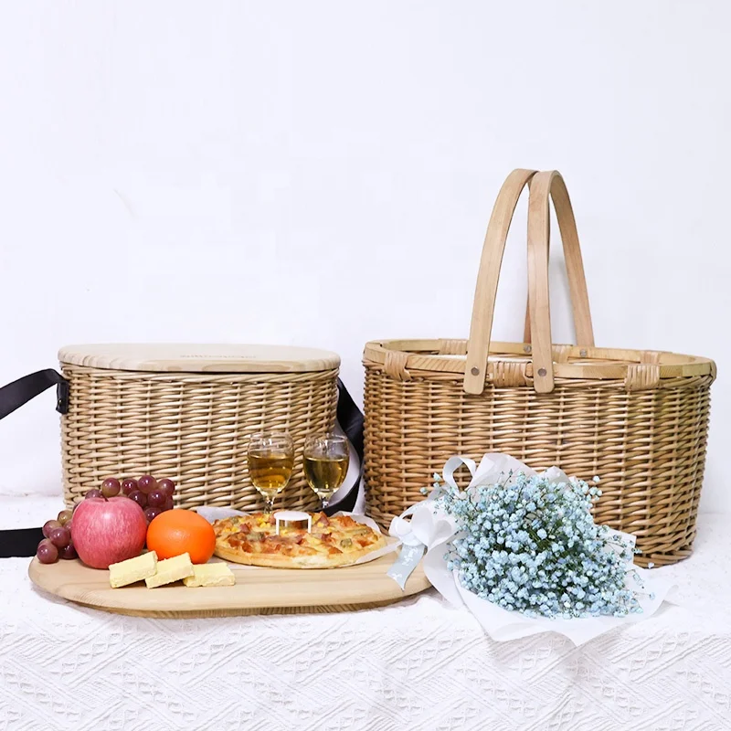 high quality white rattan beach wood top collapsible custom classic weave handle people round picnic basket with leather strap