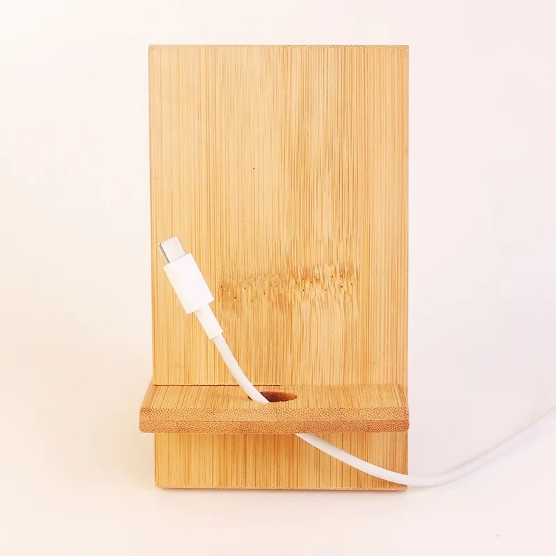 New bamboo charger and stand for mobile cell phone and tablet table holder with logo