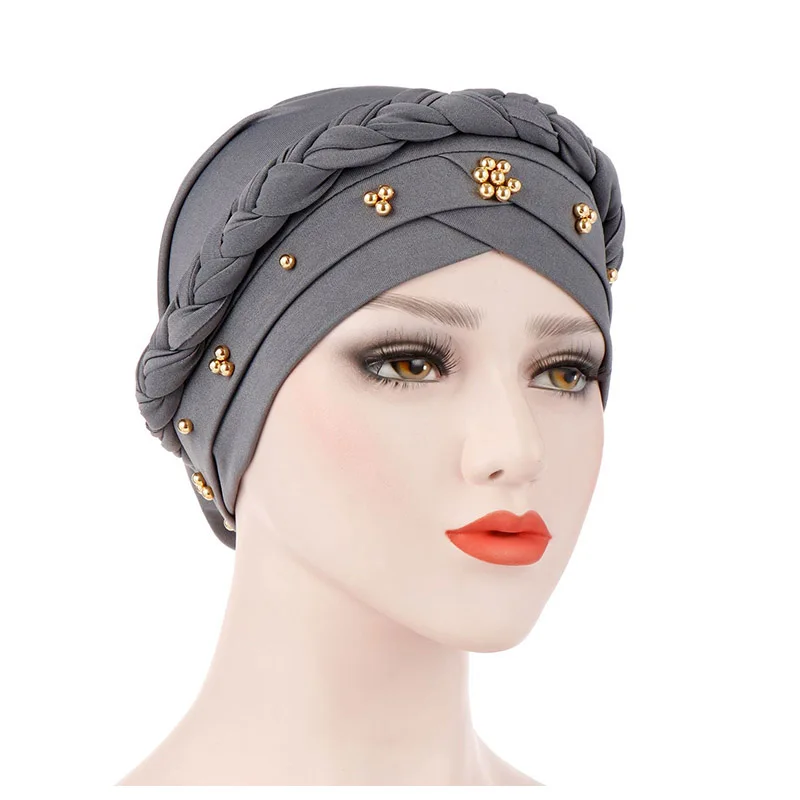 New European American Spring Tube Autumn Baotou Milk Silk Monochrome Beaded Plait Turban Headband Hat in Stock