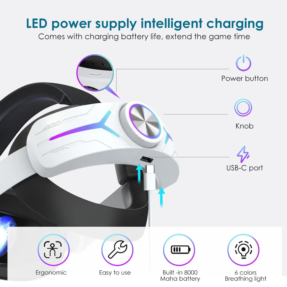 Cheap Breathing lights in 6 colors Built-in Battery 8000mah For Meta/Oculus Quest 2 Vr Head Strap Charging Elite Strap