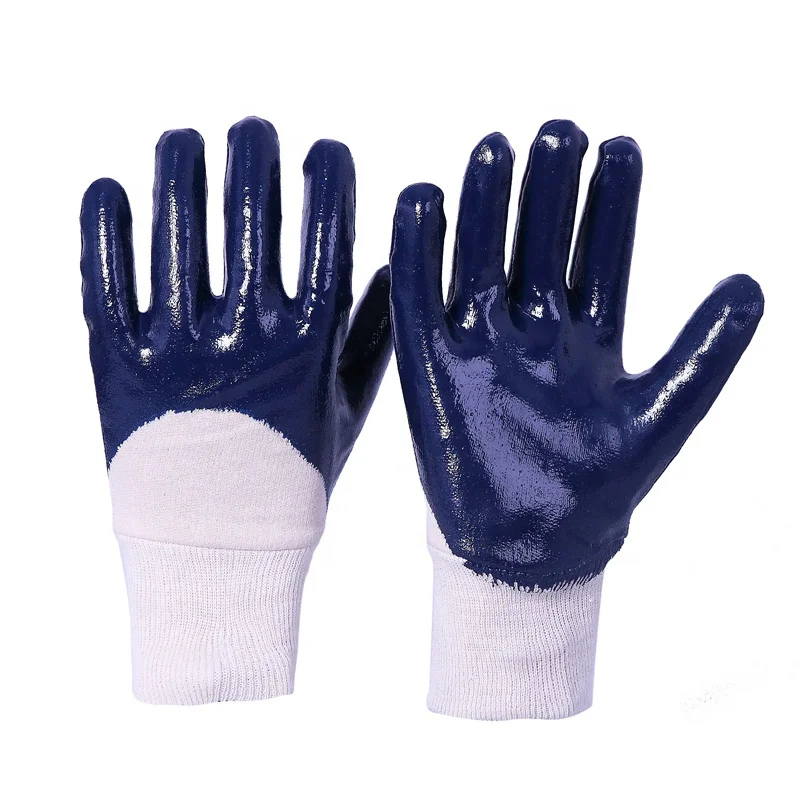 CE EN 388 oil acid resistant anti slip jersey lining paint printing blue nitrile dipped gloves safety work gloves