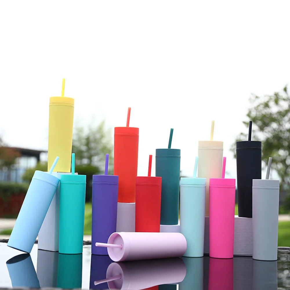 Wholesale 16oz Double Wall Plastic Matte Tumbler with Straw, Reusable Customizable Hologram Glitter Drinking Cup