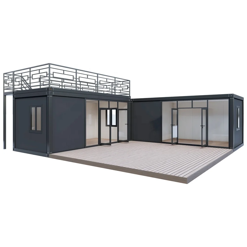 Garden combination container house, optional with floor to ceiling glass and guardrail platform
