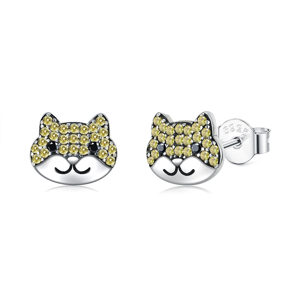 Cat Stud Earrings 925 Sterling Silver Women Small Animal Zircon Cat Shape Earrings