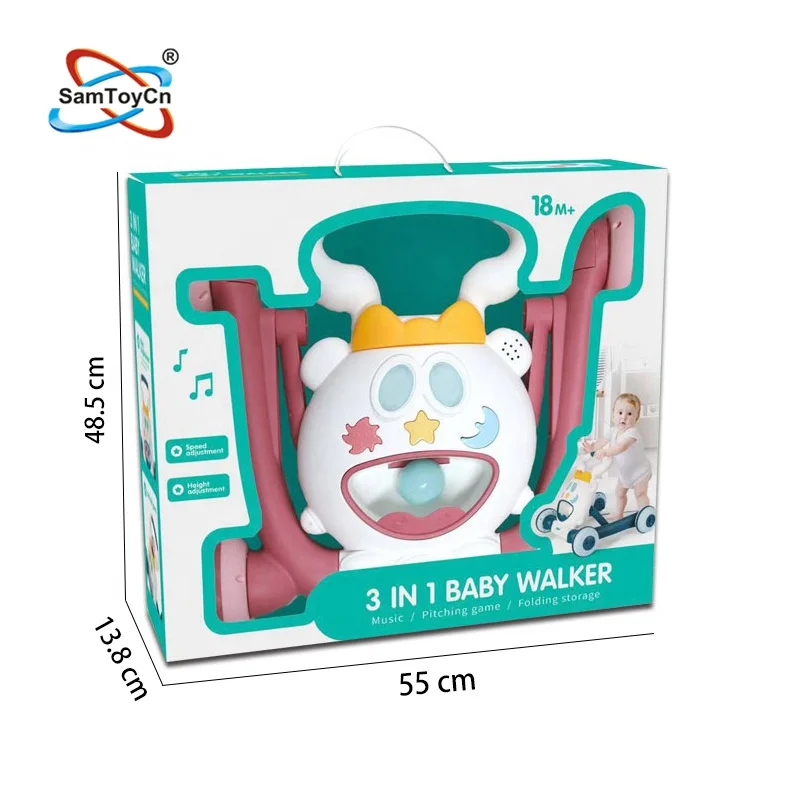 Samtoy Plastic 3 in 1 Baby Walker Multiple Function Handheld Activity Twist Wheels Learning Walk Folding Baby Walker with Music