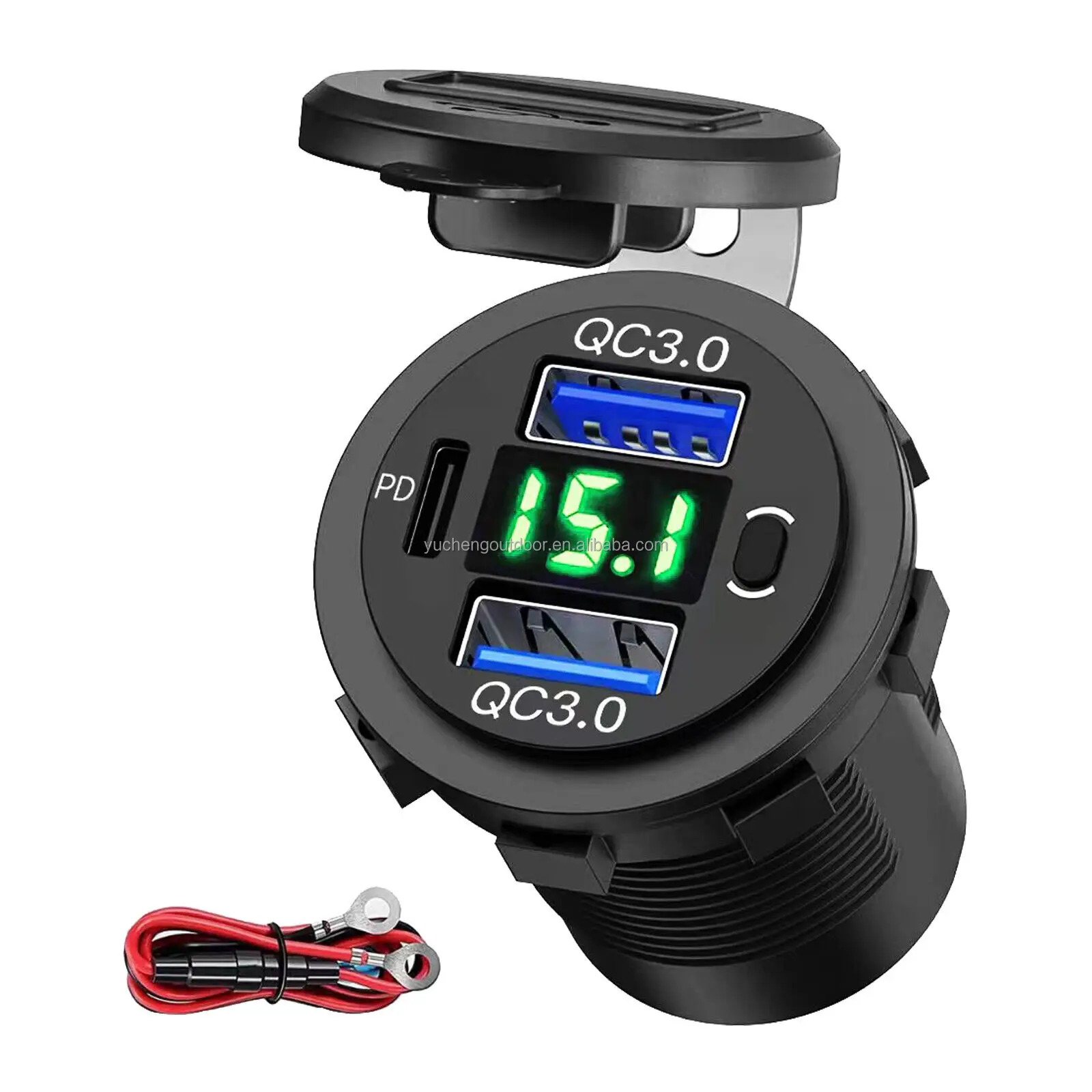 12-24V PD & QC3.0 USB Charger with LED Voltmeter Fast Car Charger Socket Outlet
