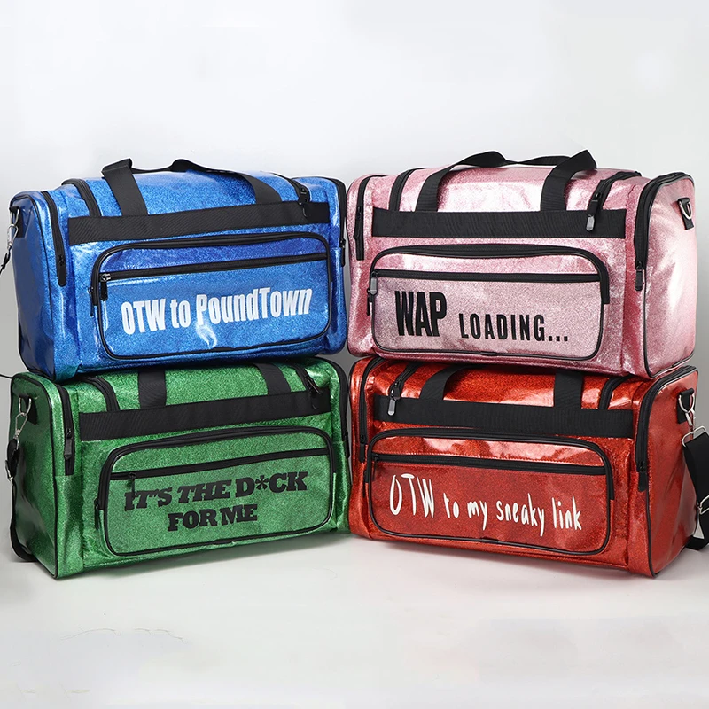 2021 Wholesale Custom print logo shinny PU leather designer women large travel duffle overnight bags