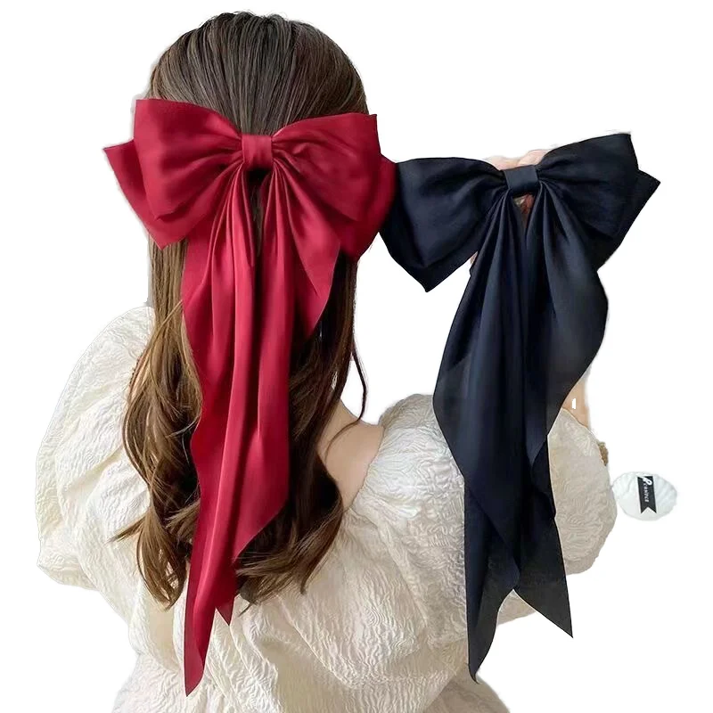 Wholesale Hot Selling Big Bow Spring Hair Clips Plain Color Stain Fabric Long Ribbon Hair Bows Accessories For Women