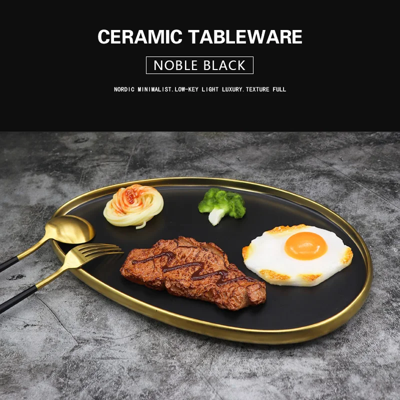 Black Dinner Plate Tableware Gold Rim Ceramic Irregular Serving Dish Set for Restaurant