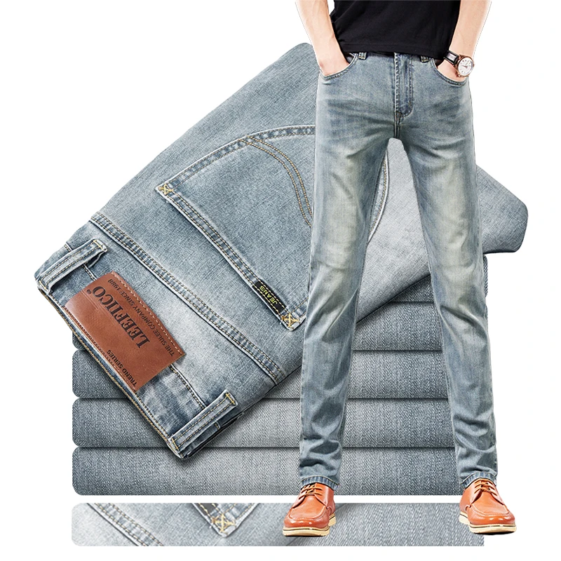 LILUO Cowboy Vintage Bule Men Jeans New Arrival 2021 Fashion Stretch Classic Denim Pants Male Designer Straight Fit Trouser
