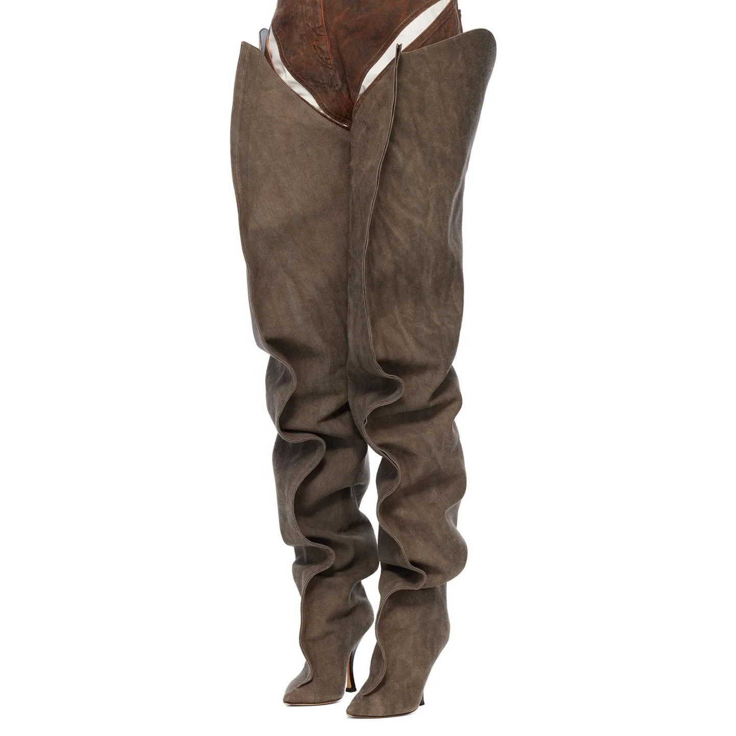 ENMAYER Designer High Heel Shoes 2024 Leather Wrinkle Pointed Toe Shoes Knee High Boots Stiletto Heel Over The Knee Boots Women