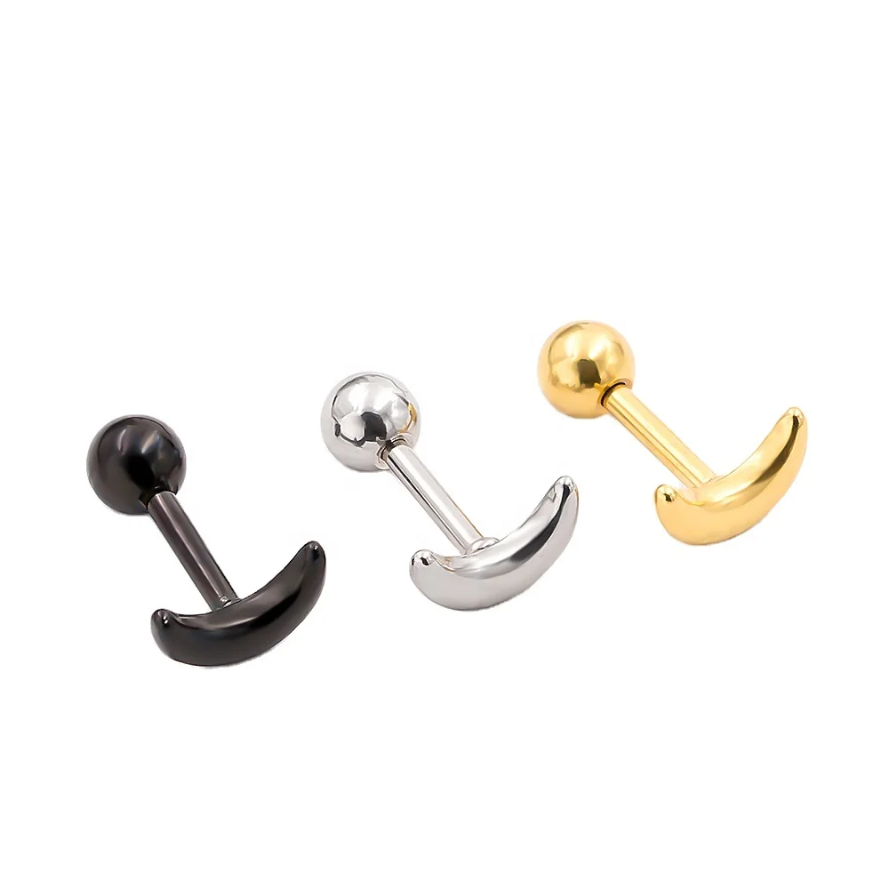 16G Gold Plated Stainless Steel Little Small Cute Moon Ear Studs Helix Cartilage Piercing Screw Ball Back Stud Earrings for men