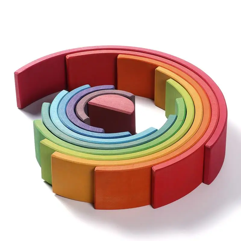 
12PCS Beech Wood Rainbow Building Blocks Kids Educational Wooden Toys Rainbow Stacker Baby Colour Sort Play Game Toy 