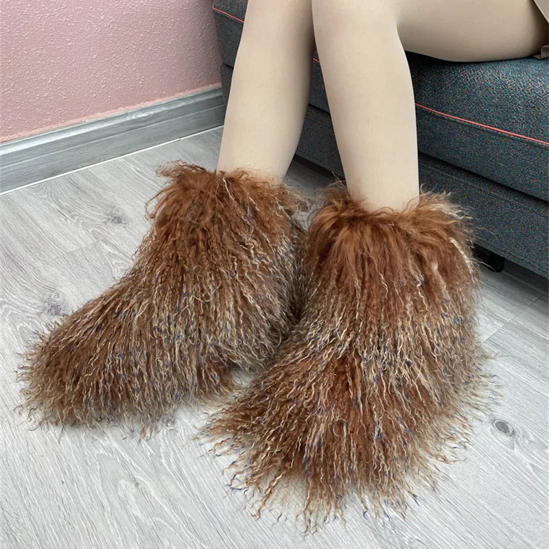 Luxury Fashion Winter Mongolian fur Shoes Woman men Home Ankle Snow Boots fluffy mongolian fur snow boots for women
