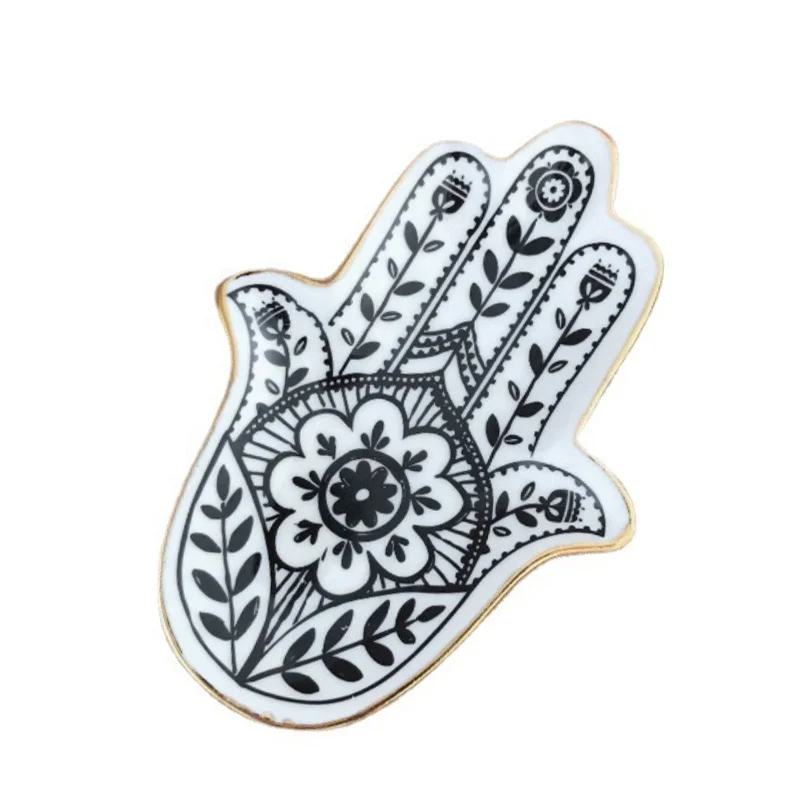 4 Inch Fancy Hamsa Hand Ceramic Trinket Tray Ceramic Jewelry Tray Decoration Storage Porcelain Gold Rim Jewellery Display Plates
