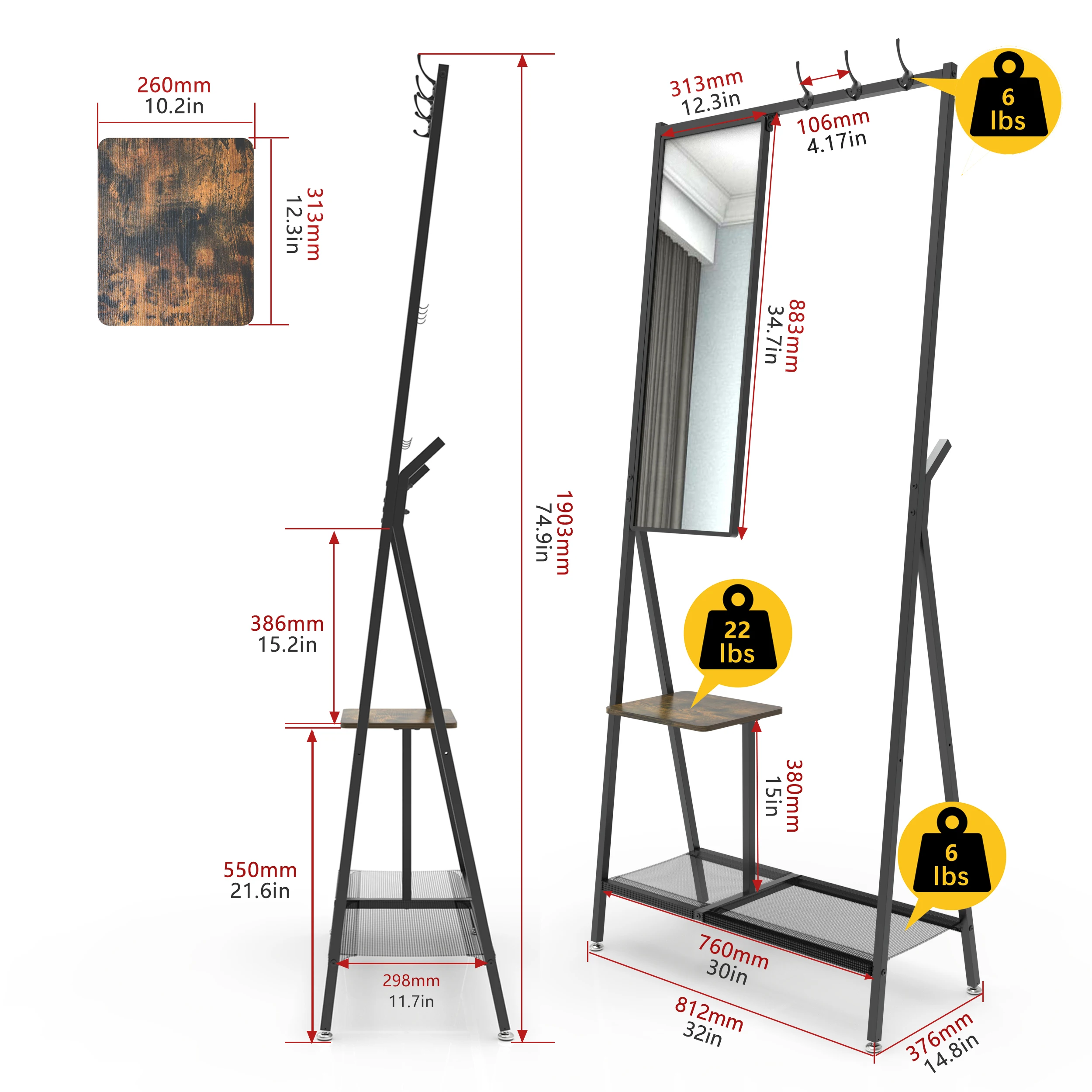 Home Accent Furniture Rustic Brown Grid Panel Hall Shoe Bench 3-in 1 Industrial Stand Entryway Coat Rack with hooks