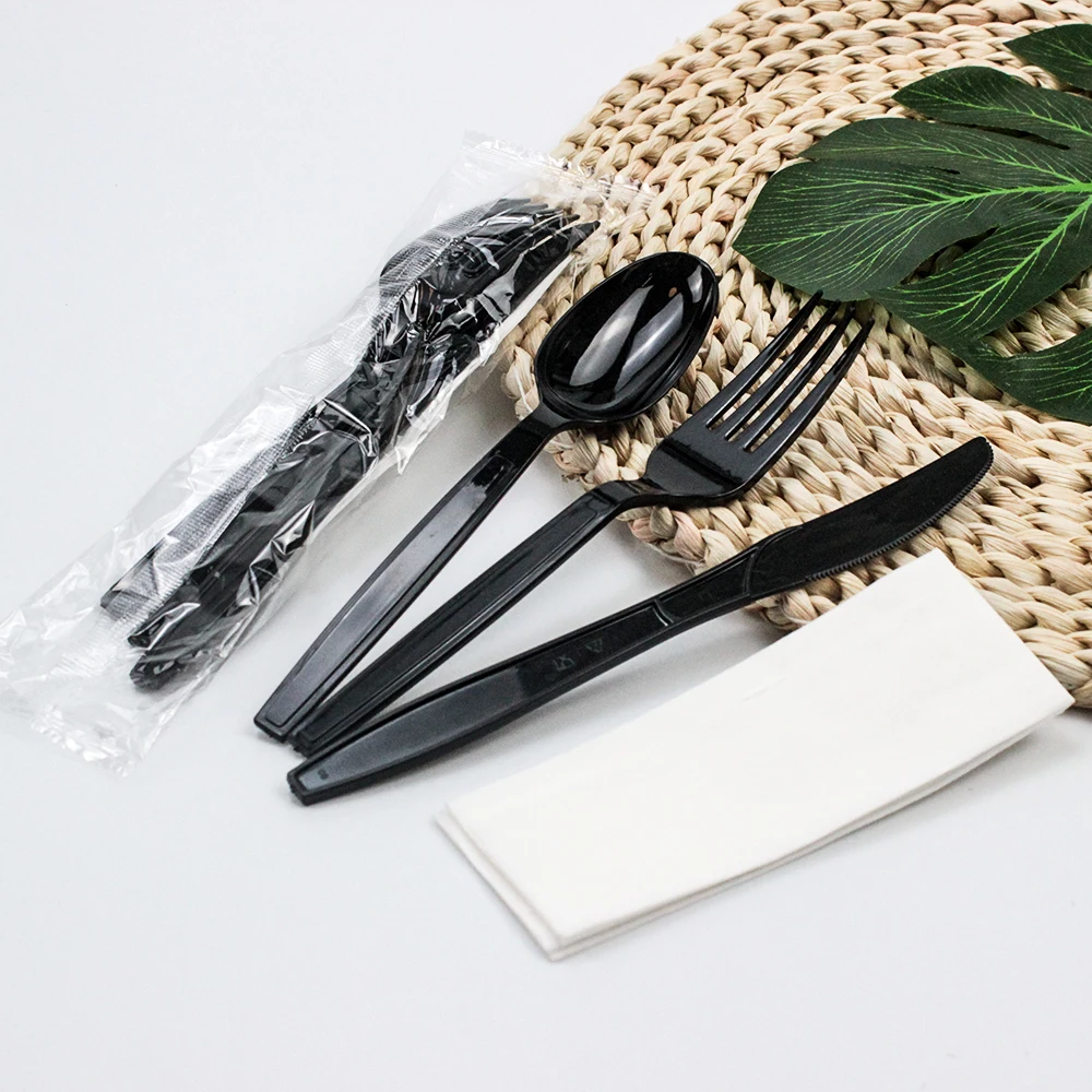 Best Selling Plastic PS Knife Spoon Fork and Napkin in One Individually Package Disposable Black Cutlery Set