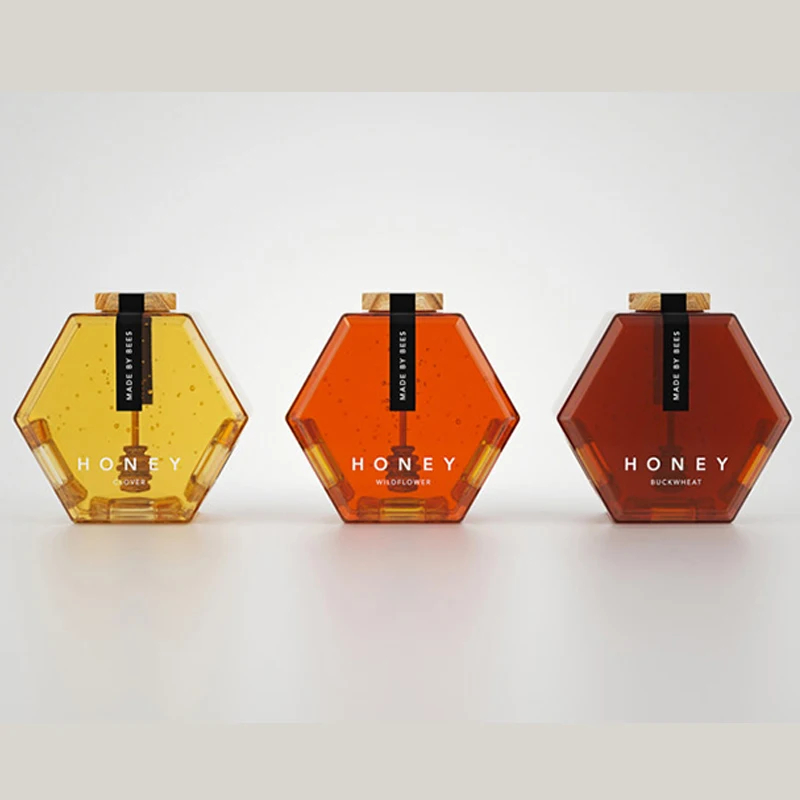 Hexagonal Honey Jar Food Grade Lead Free Cristal Storage honey jar packaging container Glass Jar with Wooden Lid