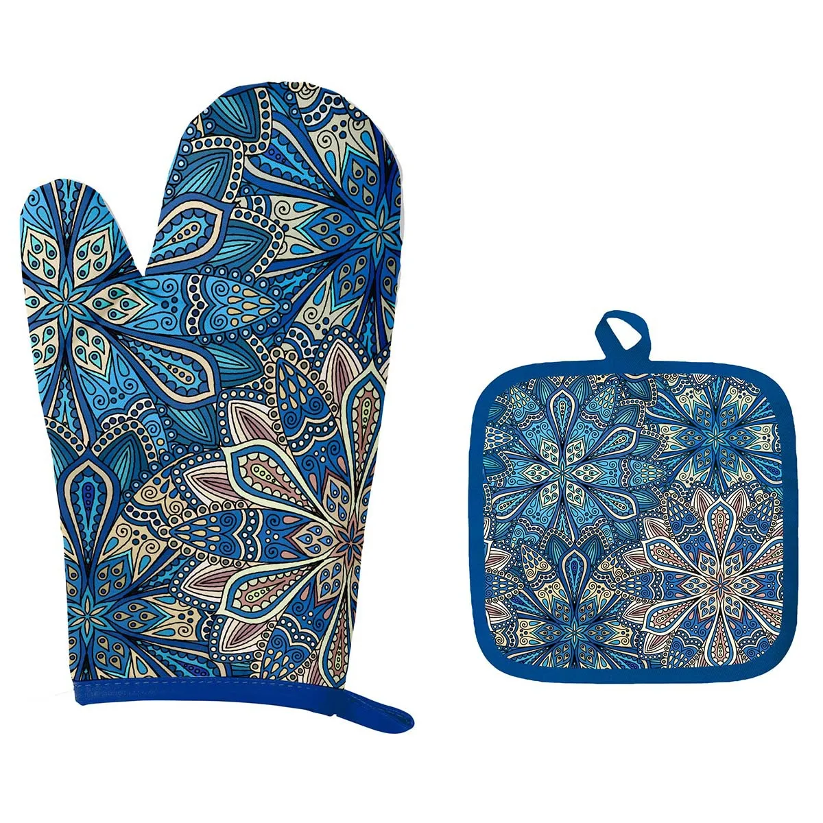custom pattern superior quality  long cotton oven mitts and heat proof mat sets oven mittens
