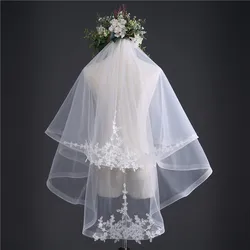 Simple Double Layers Tulle Flower Short Wedding Veils with Comb Korean Beige Shoulder Length Bridal Veils for Women