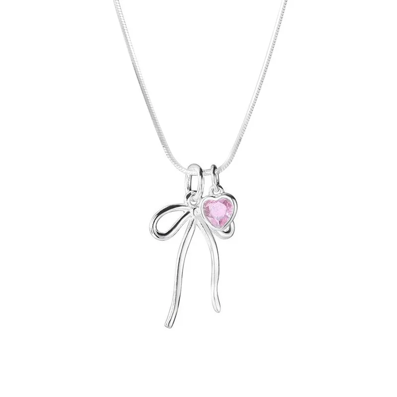 Silverbene Elegant Pink CZ Heart Bow-knot 925 Sterling Silver Necklace
