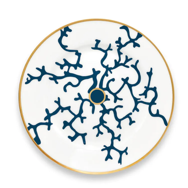 wholesale fine bone china blue with gold rim elegant ceramic dinnerware sets for wedding hotel use