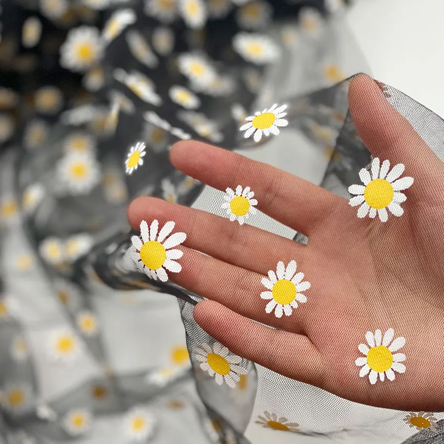 Wholesale price women party poly dress black princess skirt beautiful coated printed daisy net tulle mesh fabric