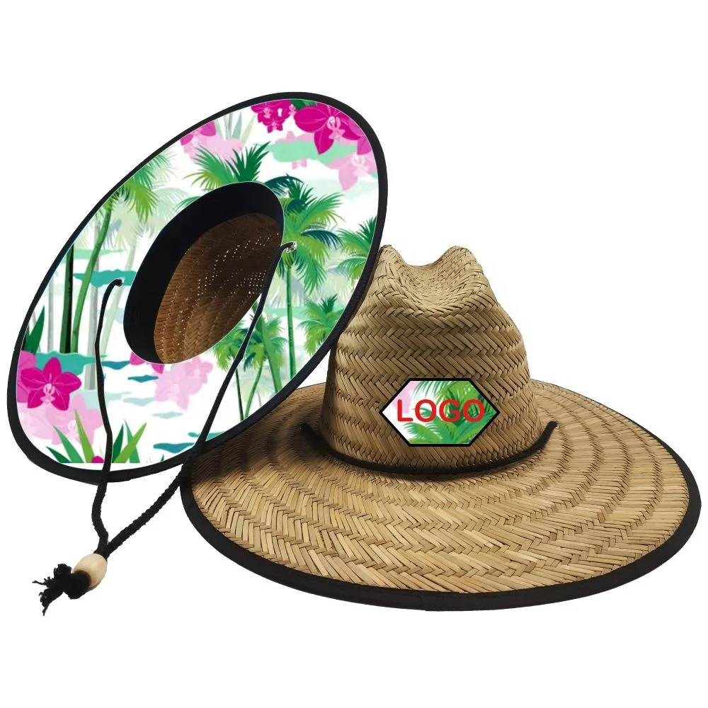 wholesale printed underneath buy bulk summer sun beach fishing surf big wide brim Tomboy Straw Hat with chain strap (1600525050520)