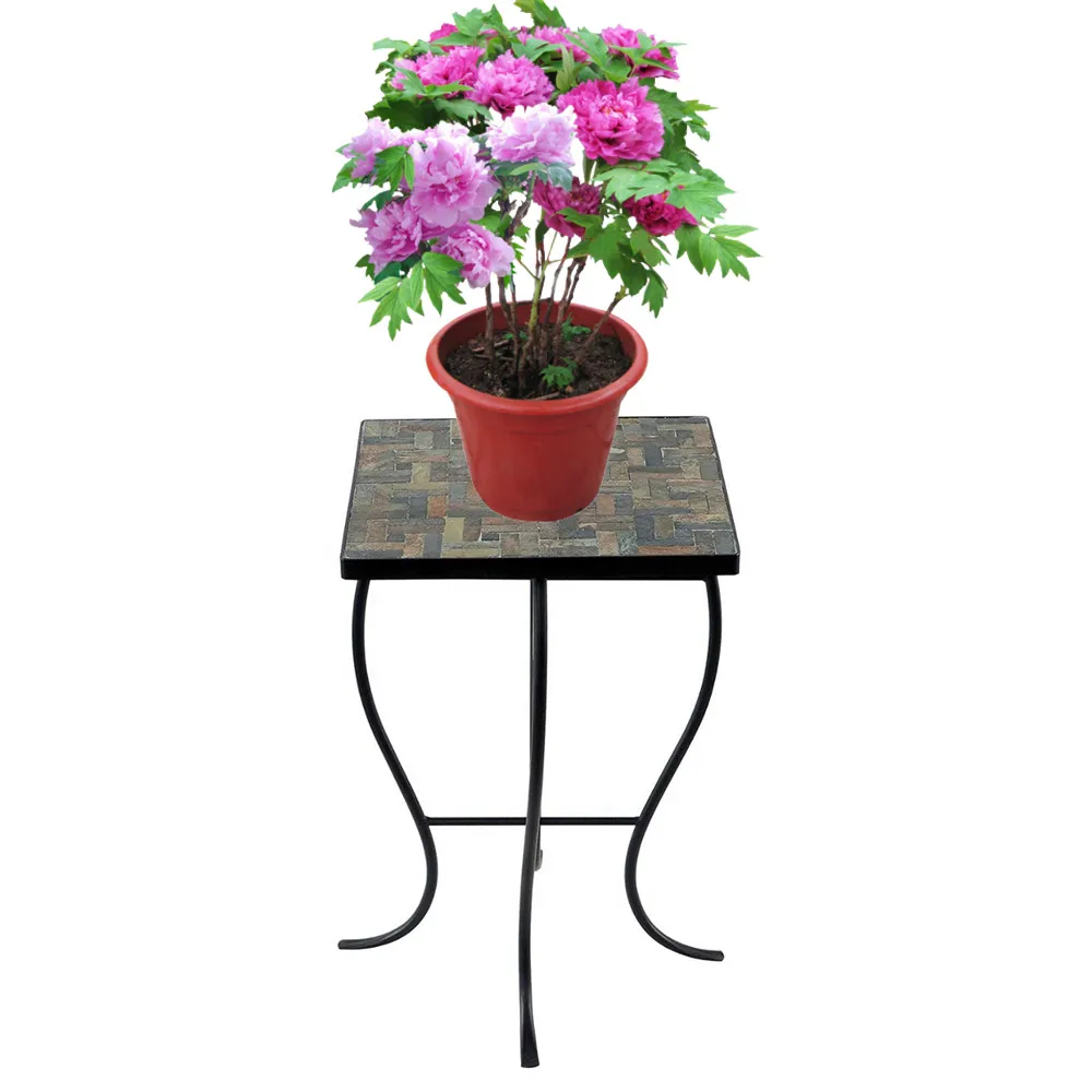 tetris design Cobalt Glass Top plant stand, Mosaic square Accent Table for Indoor and Outdoor