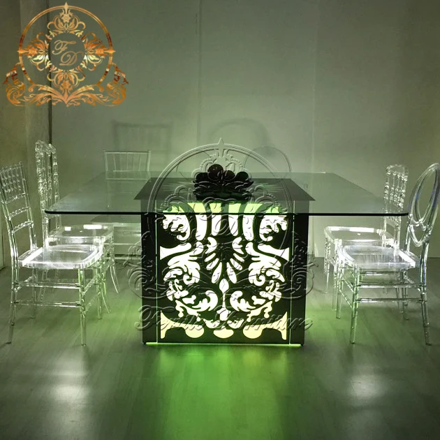 Heavy Duty Glowing Led Light Tempered Glass 12 Seater Wedding Event Banquet Hotel Dining Room Led Table Lamp With Chairs