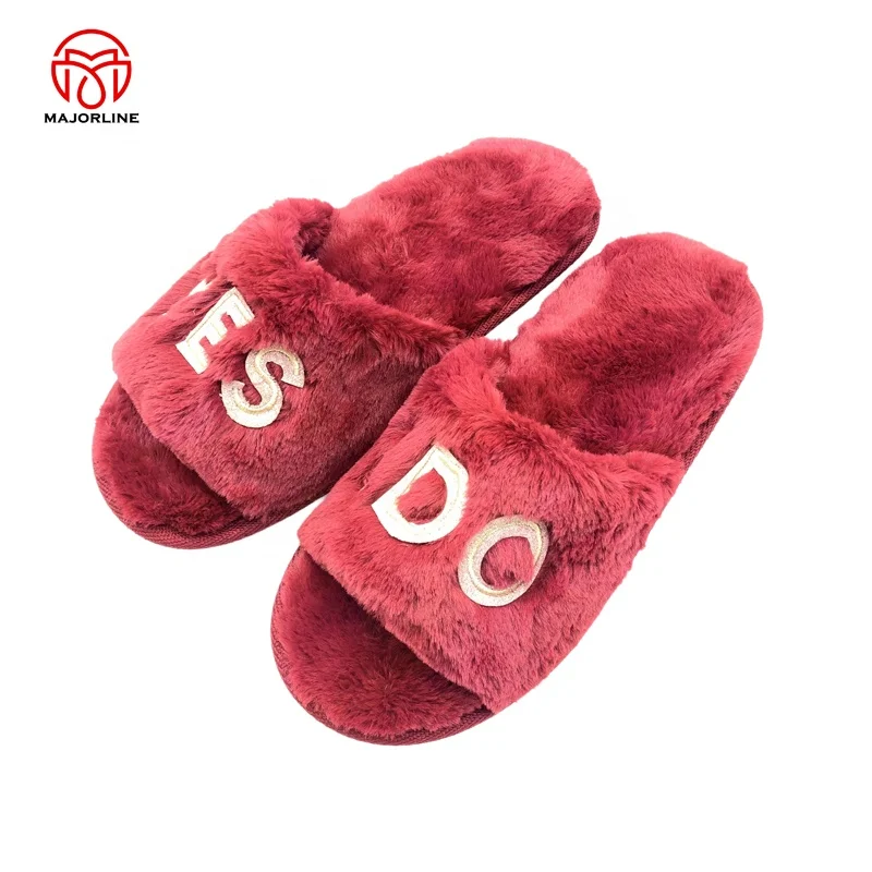 OEM full customized Winter Plush Furry one band Open Toe Indoor embroidery Logo  Warm Faux Rabbit Fur Women Cozy Slippers